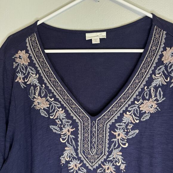 J Jill Womens Navy Blue Embroidered Pullover Shirt Petite Sz XL - Picture 3 of 11